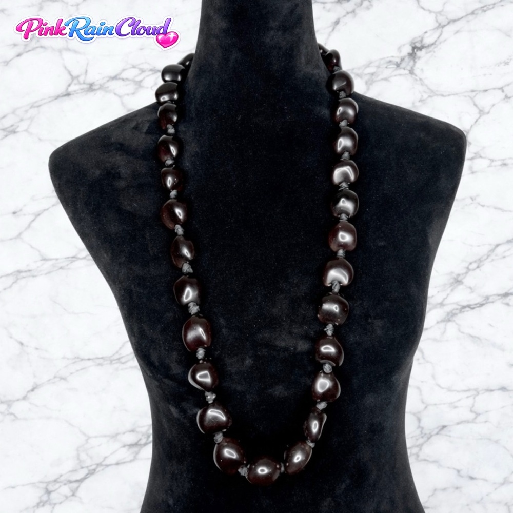 Kukui Nut Lei Hawaiian Tropical Polished Dark Brown Long Pullover Necklace - Picture 5 of 5